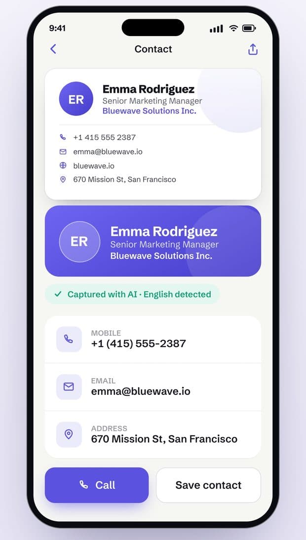 A scanned business card saved as a contact in the Visty app