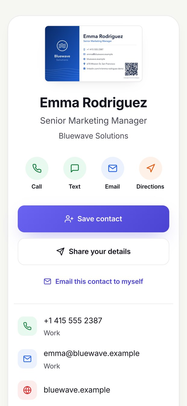A Visty digital business card opened in a phone’s browser