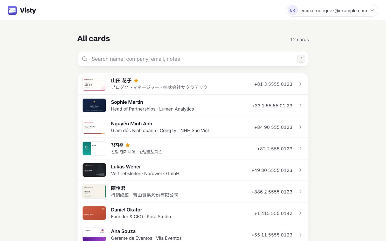 Visty on the web: a list of business cards with their photos, names and companies
